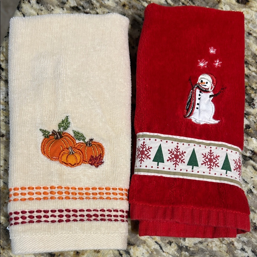 Two Festive Pumpkin and Snowman Fingertip Towels, Christmas